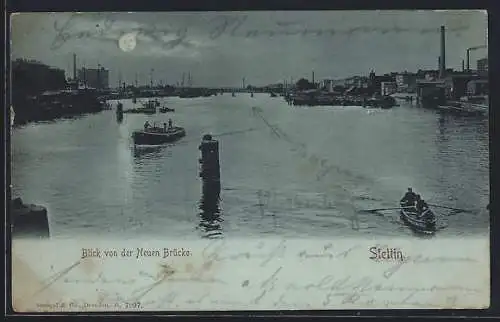 Mondschein-AK Stettin, Blick von der Neuen Brücke