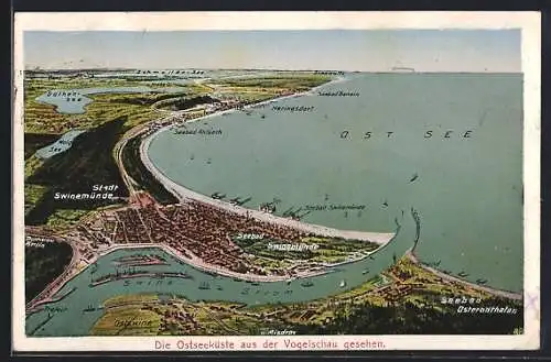 AK Swinemünde, Landkartenansicht des Seebades und der Umgebung