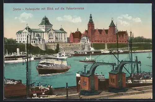 AK Stettin, Hafenpartie mit Blick auf die Hakenterrasse