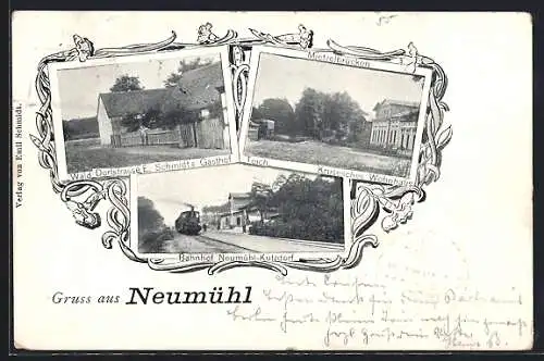 AK Neumühl, Wald Gasthof E. Schmidt in der Dorfstrasse, Mietzelbrücken Krusesches Wohnhaus am Teich, Bahnhof