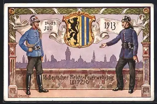Künstler-AK Leipzig, 18. Deutscher Reichs-Feuerwehrtag 1913 vom 24. - 29. Juli