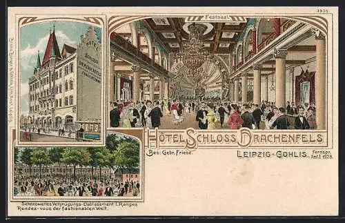 Lithographie Leipzig-Gohlis, Hotel Schloss Drachenfels, Inneres Festsaal, Garten