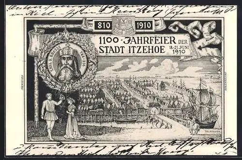 Künstler-AK Itzehoe, 1100-Jahrfeier 810-1910, Teilansicht, Karl d. Grosse 768-814