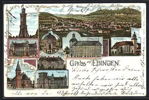 Lithographie Ebingen, Realschule, Bürger-Spital, Turnhalle