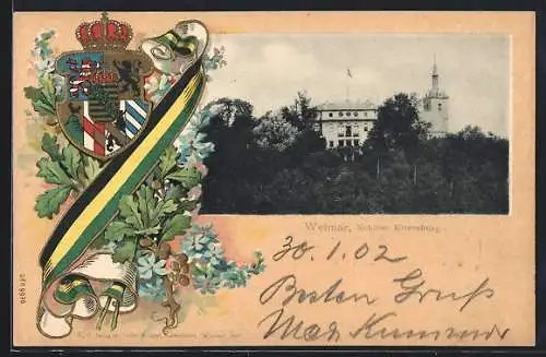Passepartout-Lithographie Weimar / Thüringen, Schloss Ettersburg, Stadt-Wappen