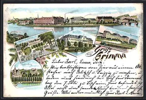 Lithographie Grimma, Kaserne mit Eisenbahn, Kloster Nimbschen, Gattersburg