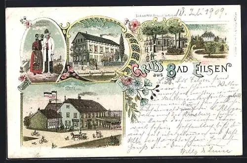 Lithographie Bad Eilsen, Blick aus Hôtel Rinne auf den Kursaal, Arensburg, Bückeburger Landestracht