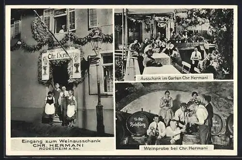 AK Rüdesheim a. Rh., Gasthaus Chr. Hermani, Eingang, Garten und Weinprobe im Keller