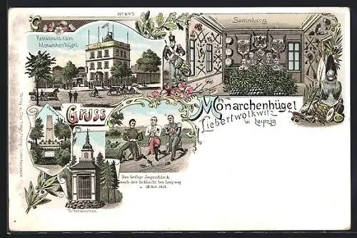 Lithographie Liebertwolkwitz bei Leipzig, Restaurant zum Monarchenhügel, Sammlung, Denkmal