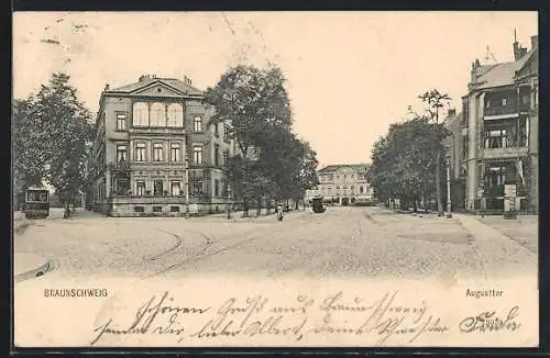 AK Braunschweig, Strasseneck am Augusttor mit Strassenbahn