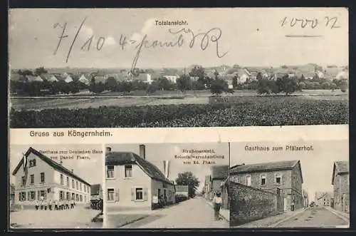 AK Köngernheim, Gasthaus zum Deutschen Haus, Gasthaus zum Pfälzerhof, Strassenpartie mit Kolonialwarenhandlung