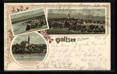 Lithographie Wallsee a. d. Donau, Erzherzogl. Schloss, Ufer-Wallsee, Ortsansicht