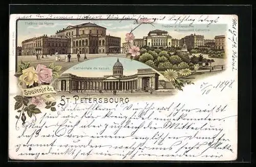 Lithographie St. Petersbourg, Theatre de Marie, Theatre d`Alexandre et monument Catherina