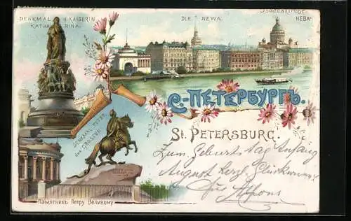Lithographie St. Petersburg, Die Newa, Denkmal d. Kaiserin Katharina und Peter d. Grossen