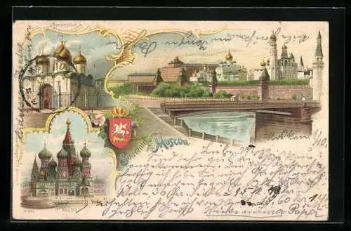 Lithographie Moskau, St. Basile, Kremlin, L`Assomption, Wappen