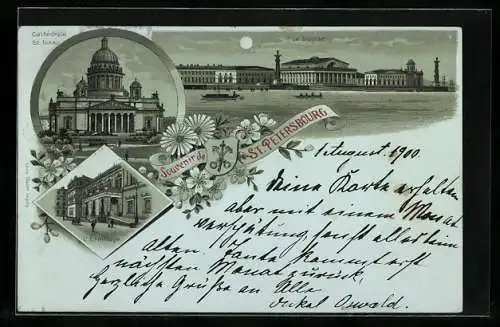 Mondschein-Lithographie St. Petersbourg, La bourse, Cathédrale St. Isaac, L`Ermitage