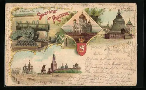 Lithographie Moskau, Place Rouge, Saint Sauveur, La Tzarine des Cloches, Le Tzar des Canons