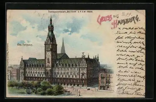 Lithographie Hamburg, Rathaus, Halt gegen das Licht: bewölkte Mondnacht