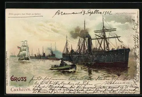 Lithographie Cuxhaven, Segelschiff und Dampfer im Hafen, Halt gegen das Licht: Gewitter