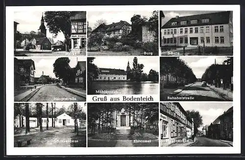 AK Bodenteich, Blick auf Markt, Schule, Burg und Ehrenmal