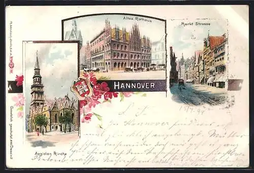 Lithographie Hannover, Altes Rathaus, Aegidienkirche, Marktstrasse