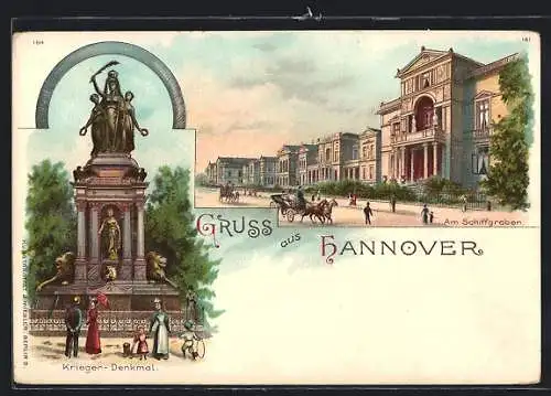 Lithographie Hannover, am Schiffgraben mit Kriegerdenkmal