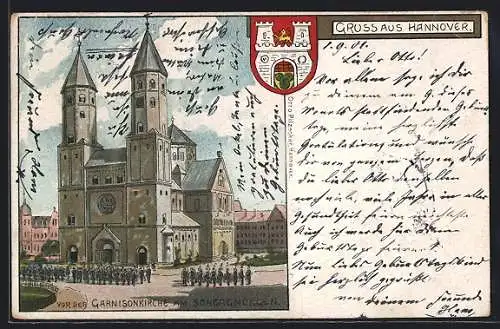 Lithographie Hannover, Garnisonkirche am Sonntagmorgen