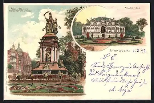 Lithographie Hannover, Partie mit Kriegerdenkmal an der Hohenzollernstrasse & Neues Haus