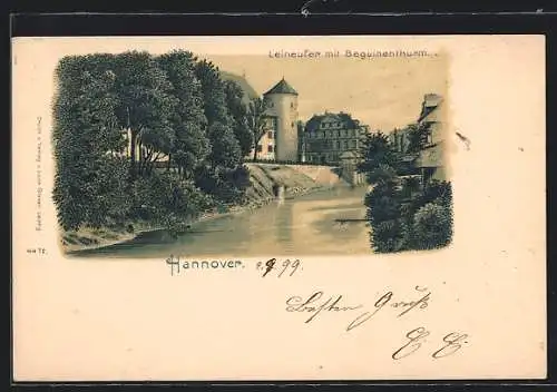 Lithographie Hannover, Leinufer mit Beguinenturm