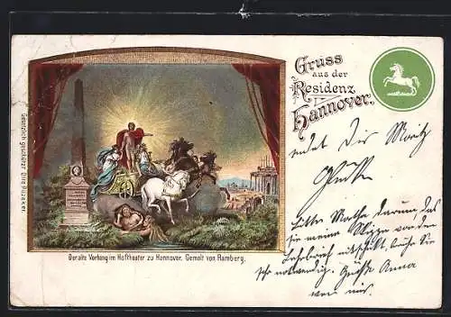 Lithographie Hannover, Residenz, Der alte Vorhang im Hoftheater von Ramberg gemalt