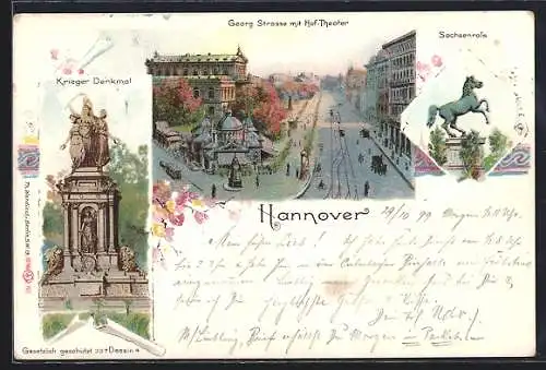 Lithographie Hannover, Georg Strasse mit Hoftheater, Kriegerdenkmal und Sachsen Ross