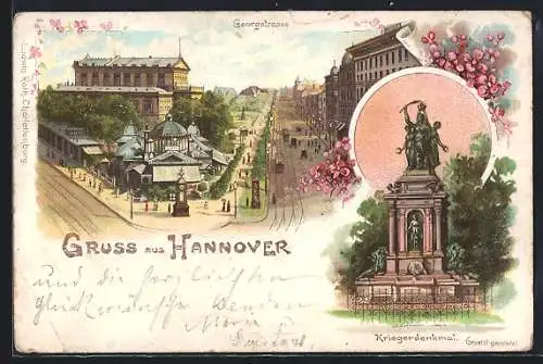 Sonnenschein-AK Hannover, Georgstrasse und Kriegerdenkmal