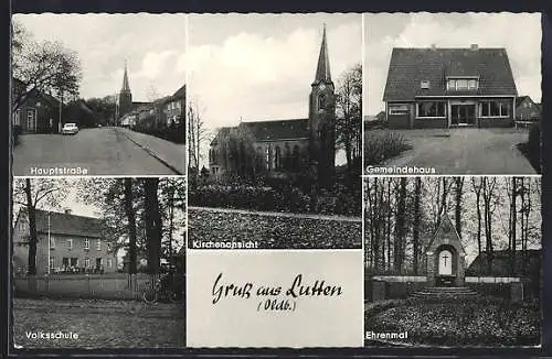 AK Lutten /Oldb., Kirchenansicht, Hauptstrasse, Volksschule