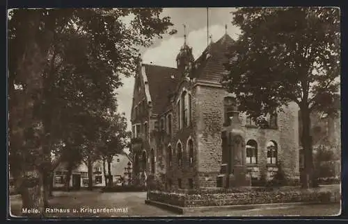 AK Melle, Rathaus und Kriegerdenkmal