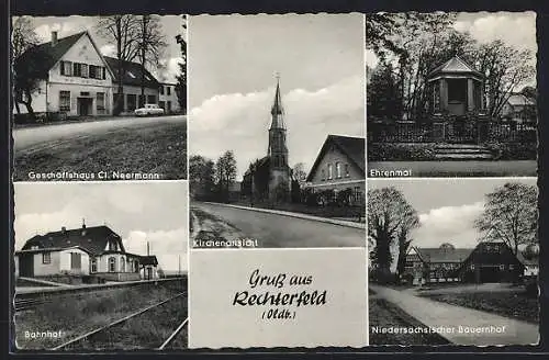 AK Rechterfeld /Oldb., Geschäftshaus Neermann, Kirche, Bahnhof