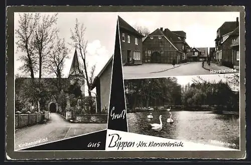 AK Bippen, Hauptstrasse, Mühlenteich und Kirchenansicht