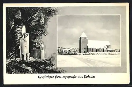 AK Peheim, Ortsansicht im Winter, Weihnachtskarte