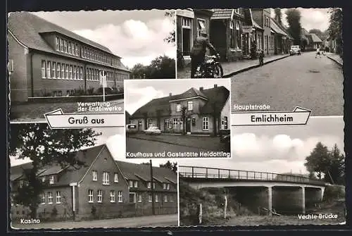 AK Emlichheim, Verwaltung der Erdölwerke, Hauptstrasse, Kasino, Kaufhaus u. Gaststätte Heidotting, Vechte-Brücke