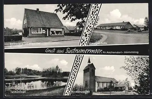 AK Sustrum, Schulgebäude, Teichanlage, Kirchenansicht