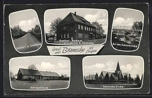 AK Bramsche /Kr. Lingen, Gasthof und Lebensmittel B. Heskamp, Schule, Siedlung