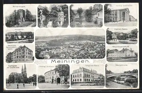 AK Meiningen, Ortsansicht, Kaserne, Marktplatz mit Stadtkirche, Herzogl. Schloss, Erbprinzl. Palais, Georgsbrücke