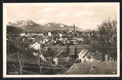 AK Traunstein, Ortsansicht vor Bergpanorama