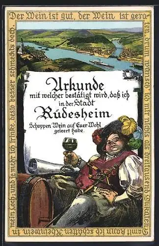 Künstler-AK Rüdesheim / Rhein, Ortsansichten Rüdesheim und Bingen, Weintrinker