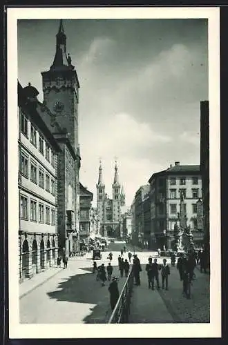 AK Würzburg, Domstrasse mit Grafeneckardturm und Vierröhrenbrunnen