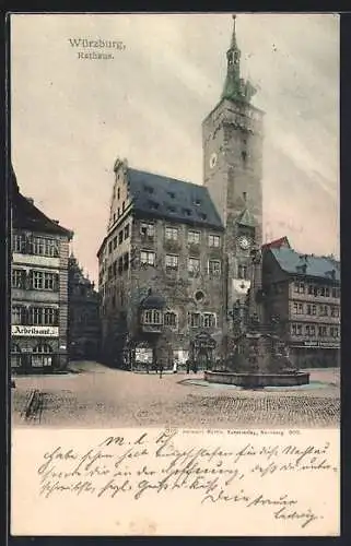 AK Würzburg, Rathaus mit Brunnen und Arbeitsamt