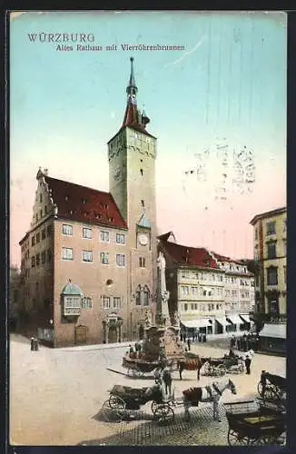 AK Würzburg, alte Rathaus mit Vierröhrenbrunnen