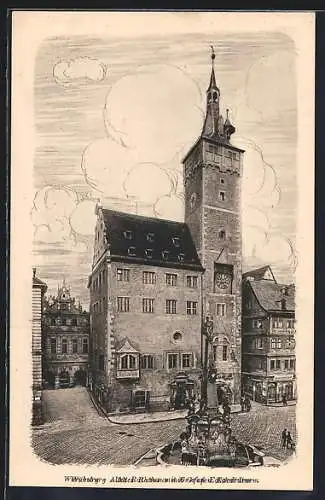 Künstler-AK Würzburg, Altes Rathaus mit Grafen Eckard-Thurm