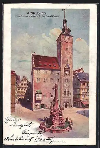 AK Würzburg, Altes Rathaus mit dem Grafen Eckard-Turm und Brunnen