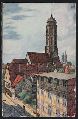 Künstler-AK Göttingen, Jakobikirche im Stadtbild