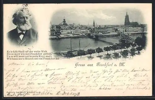 AK Frankfurt a. M., Uferpartie mit Kirche, Friedrich Stoltze